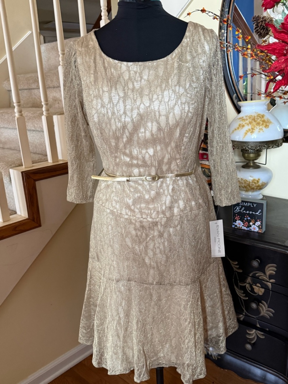 Elegant Gold Metallic Cocktail Dress with Belt